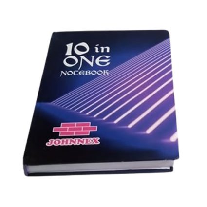 Blue notebook with a glossy cover reading '10 in ONE NOTEBOOK' and a pink Johnnex logo; perspective slightly tilted, white pages visible at the bottom edge.