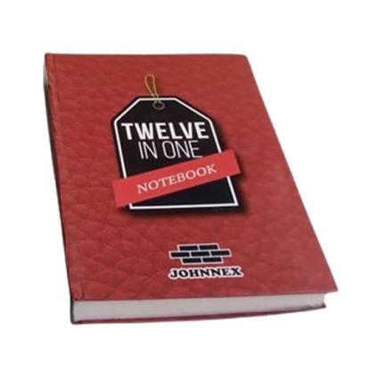 Red notebook with a black tag reading 'TWELVE IN ONE' and a red ribbon labeled 'NOTEBOOK'; Johnnex logo at the bottom.