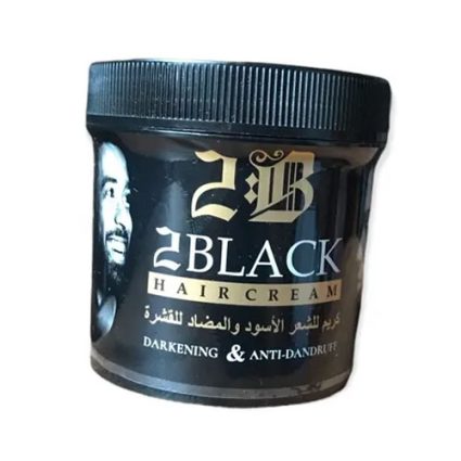 Jar of 2B Black Hair Cream with darkening and anti-dandruff claims; black container with gold and white labeling.