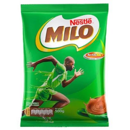 Nestlé MILO energy drink powder sachet in green packaging featuring a sprinter and the MILO logo (500 g).