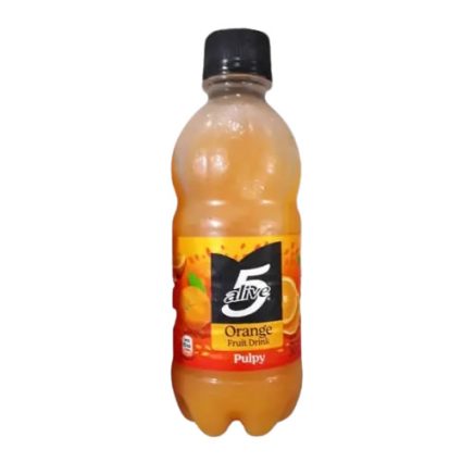Plastic bottle of orange pulpy fruit drink with black cap and label reading '5 Alive Orange'