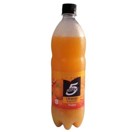 Orange fruit drink in a plastic bottle with a black cap and pulpy label saying 'Alive' and 'Orange Fruit Drink'
