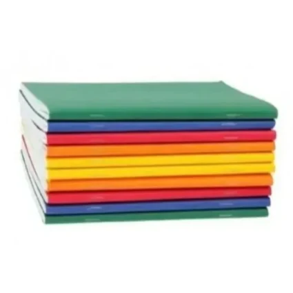 Stack of colorful notebooks arranged in a neat pile (green top, then blue, red, orange, yellow)