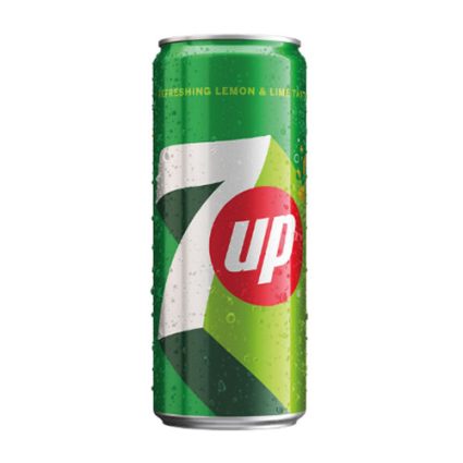 Can of 7UP lemon-lime soda with a green geometric design and red 7UP logo