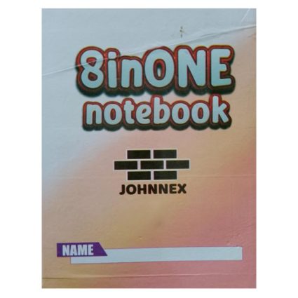 Colorful notebook cover showing '8 in ONE notebook' with a brick logo and the brand name JOHNNEX, plus a NAME label with a blank line for writing