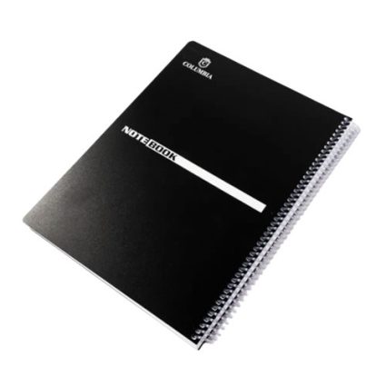 Black spiral-bound notebook with a white diagonal stripe and 'NOTEBOOK' text on the cover, angled view