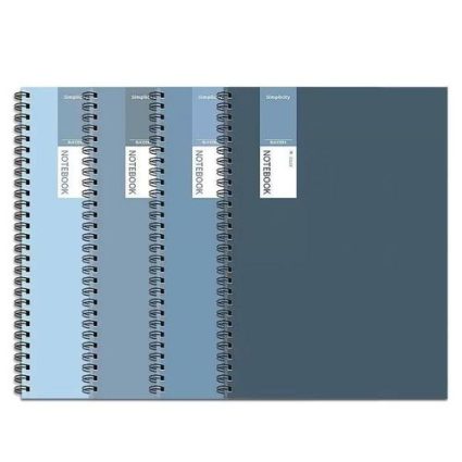 Set of four blue spiral-bound notebooks with white 'NOTEBOOK' labels, arranged side by side against a dark blue background.
