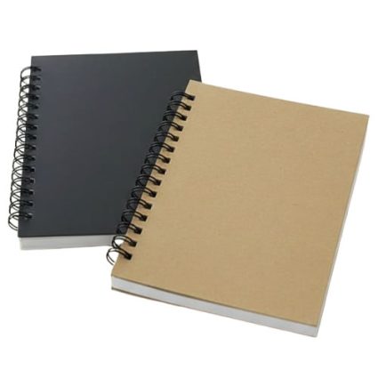Two spiral notebooks, one black and one kraft brown, overlapping on a white background.