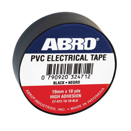 Roll of ABRO PVC electrical tape with label: brand ABRO, size 19 mm x 10 yd, black color, high adhesion (Made in Indonesia).