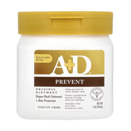 Jar of A+D Prevent diaper rash ointment with a yellow lid; label notes diaper rash prevention and skin protectant, 1 lb (454 g).