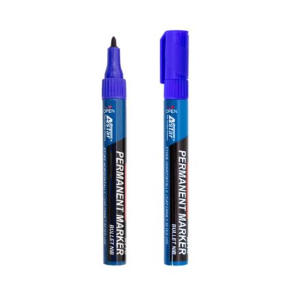 Two blue permanent markers standing upright, one with the cap removed to reveal the tip.
