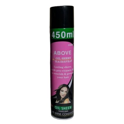 450 ml can of Above Oil Sheen Hairspray with pink label and a woman’s photo on the front.