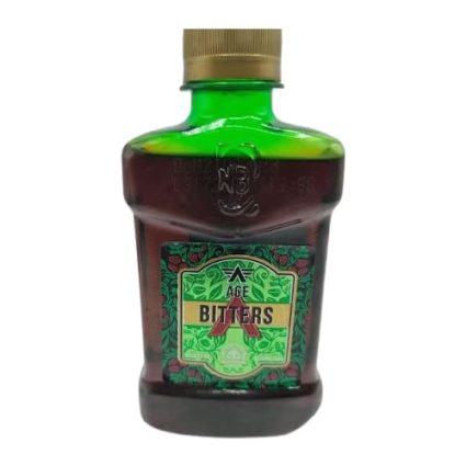 Green glass bottle of Ace Bitters with a gold cap and dark brown liquid visible through the glass. The label features green and gold designs with the word 'BITTERS'.