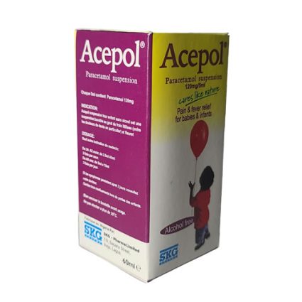 Two Acepol paracetamol suspension boxes (purple and yellow) with a child holding a red balloon on the side, alcohol-free image on packaging included for babies/infants relief of pain and fever.