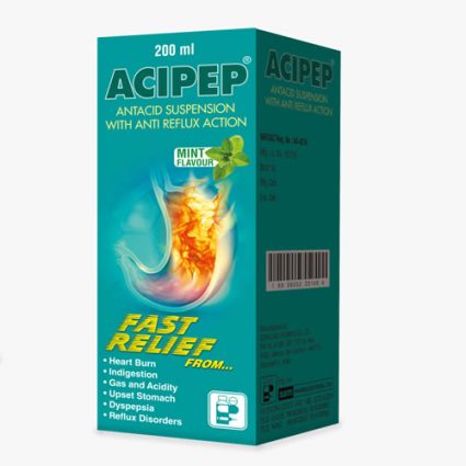 Box of ACIPEP antacid suspension, 200 ml, mint flavor, front-facing with label and graphics on mint-teal packaging.