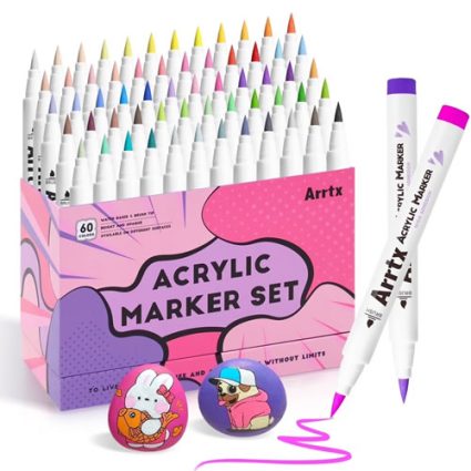 60-color acrylic marker set in a pink-purple box with a row of markers showing colorful caps; two white dual-tip markers with purple and pink tips shown beside a magenta line.