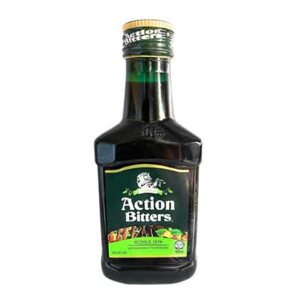 Dark glass bottle of Action Bitters with a green label that reads 'Action Bitters'—an alcoholic drink.