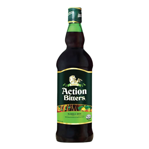 Action Bitters Herbal Alcoholic Drink 750ml Bottle - Imavug Bottle of Action Bitters with a green label, gold trim, and a lion logo on a white background