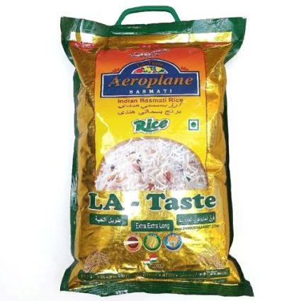 Bag of Aeroplane Indian Basmati Rice La-Taste, extra long grains, yellow-green packaging.