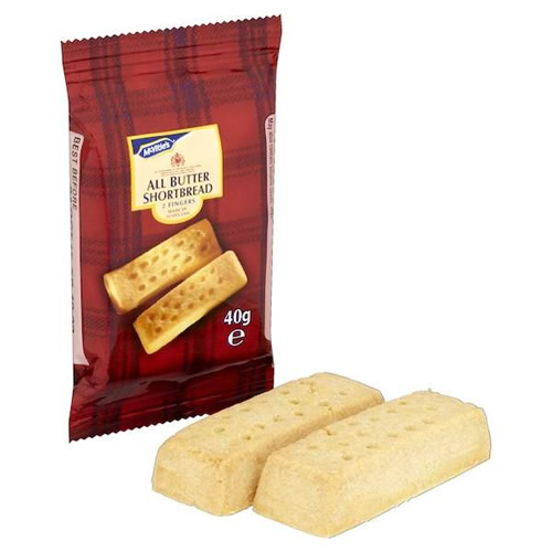 All Butter Shortbread Biscuits_40g - Imavug Two rectangular shortbread biscuits beside a red packet labeled 'All Butter Shortbread'