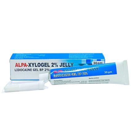 Tube of ALPA-XYLOgel 2% lidocaine gel with its blue box, a topical anesthetic typically used to numb tissue before procedures, with an applicator tip nearby