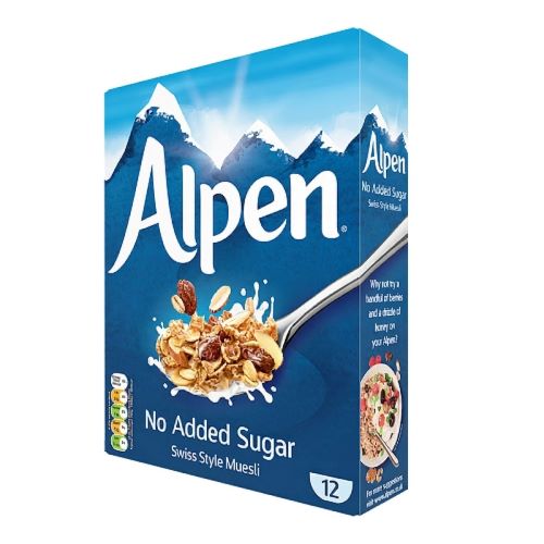Alpen No Added Sugar Muesli Swiss Style Breakfast Cereal 550g Box - Imavug Alpen No Added Sugar Swiss Style Muesli box with a spoonful of cereal and a mountain backdrop on a blue package