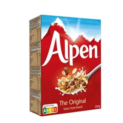 Alpen The Original Swiss Style Muesli cereal box front, red with mountains and a spoonful of cereal