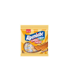 Alpenliebe Chewy Chew candy bag front in yellow package with caramel chew illustrations and brand logo.