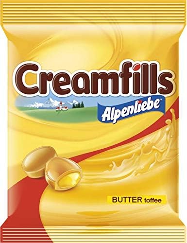 Version 100 - Imavug Yellow Alpenliebe Creamfills butter toffee candy bag with two toffee pieces on the front; brand name and flavors visible.