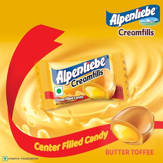 Alpenliebe Creamfills Butter Toffee Centre Filled Candy3 - Imavug Alpenliebe Center Filled Candy butter toffee on a bright yellow background.