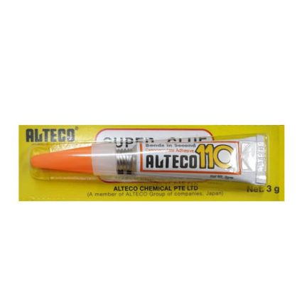 Tube of ALTECO 110 adhesive with orange applicator tip in yellow packaging, labeled Alteco 110 chemically bonded adhesive Variant 3 g net weight.