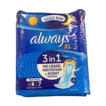 Always XL 3-in-1 sanitary pads package, heavy flow, extra long with 7 pads depicted on the front.