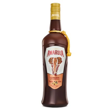 Bottle of Amarula Cream Liqueur with a yellow neck label and rope around the neck, featuring an elephant emblem on the label