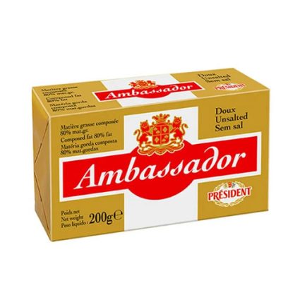 Yellow and white box of Président Ambassador unsalted butter, 200 g, with a red Ambassador logo.