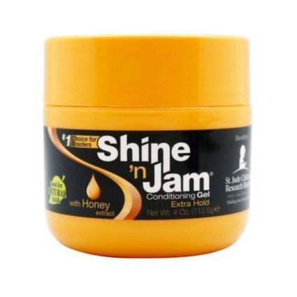 Orange jar of Shine 'n Jam conditioning gel with honey extract visible on the label.