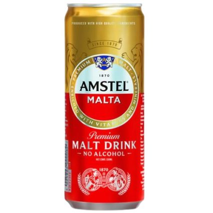 Can of Amstel Malta Premium Malt Drink with gold top and red label displaying 'No Alcohol' and brand crest
