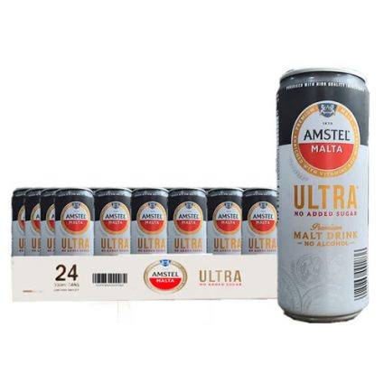 24‑pack of Amstel Ultra Malt Drink cans with one tall can displayed in front; shows 'Amstel Ultra' and 'No Alcohol'.