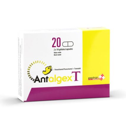 Box of Antalgex T medication, 20 capsules (2 × 10), yellow and purple packaging with a small yellow bird logo.