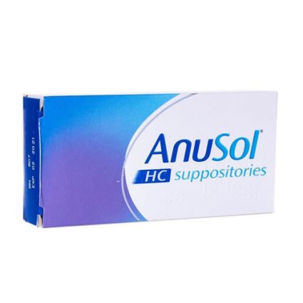 Box of Anusol HC suppositories with blue and purple gradient design on white packaging