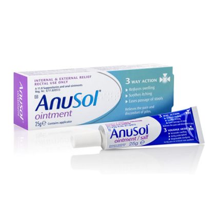 Anusol hemorrhoid ointment box and tube (25 g) with purple/blue packaging, labeled '3 Way Action' for relief of swelling, itching, and pain.