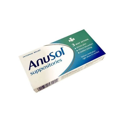 Anusol Suppositories Pack of 6 - Imavug Box of Anusol suppositories for internal relief, white and blue-green packaging with brand name prominently displayed.