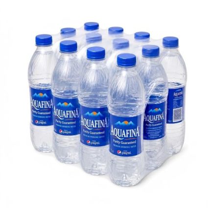 Twelve Aquafina water bottles in a clear plastic multipack with blue caps on a white background.