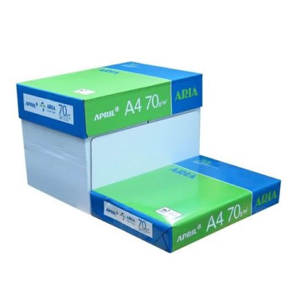 Two boxes of APRIL A4 70 g/m² paper stacked, blue and green packaging.