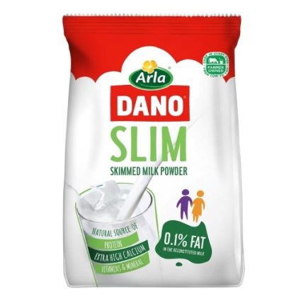 Arla DANO Slim skimmed milk powder package, white with red top and green DANO SLIM label, showing 0.1% fat.