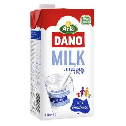 Arla DANO milk carton, 1 liter, full-cream milk (3.5% fat) with red-and-white packaging and a glass of milk illustration.