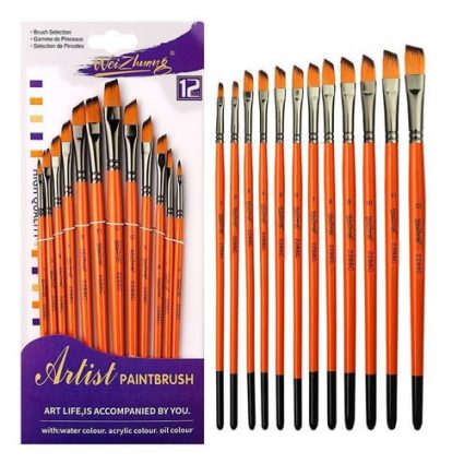 12-piece artist paintbrush set with orange handles and black ferrules, shown both in packaging and lined up, labeled 'Artist Paintbrush'
