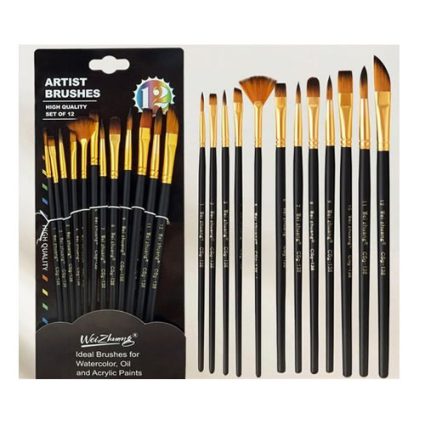 Set of 12 artist brushes with black handles and gold ferrules, displayed beside packaging stating 'Artist Brushes' and 'Ideal Brushes for Watercolor, Oil and Acrylic Paints'.