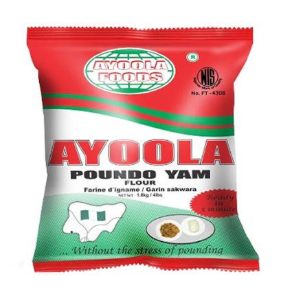 Bag of Ayoola Poundo Yam flour with red, green, and white design and a plate of yam on the front area of the package.