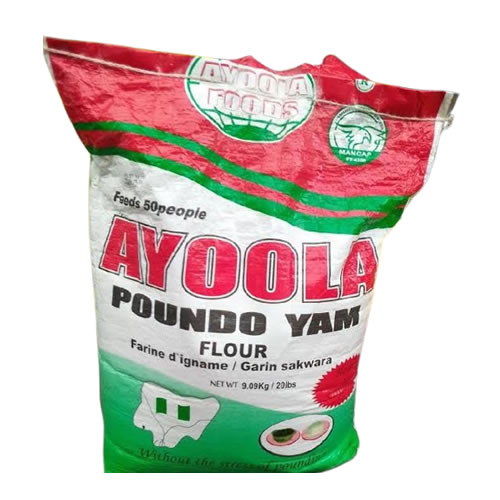 Ayoola Poundo Yam Instant Flour 45kg Bulk Pack - Imavug Bag of Ayoola Poundo Yam flour with red–green–white packaging, showing the bold AYOOOLA POUNDO YAM label.