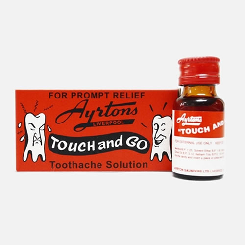 Ayrtons Touch and Go Fast-Acting Toothache Solution 7ml - Imavug Red box and small amber bottle labeled Ayrton's 'Touch and Go' Toothache Solution for prompt relief, featuring white cartoon teeth on the box.